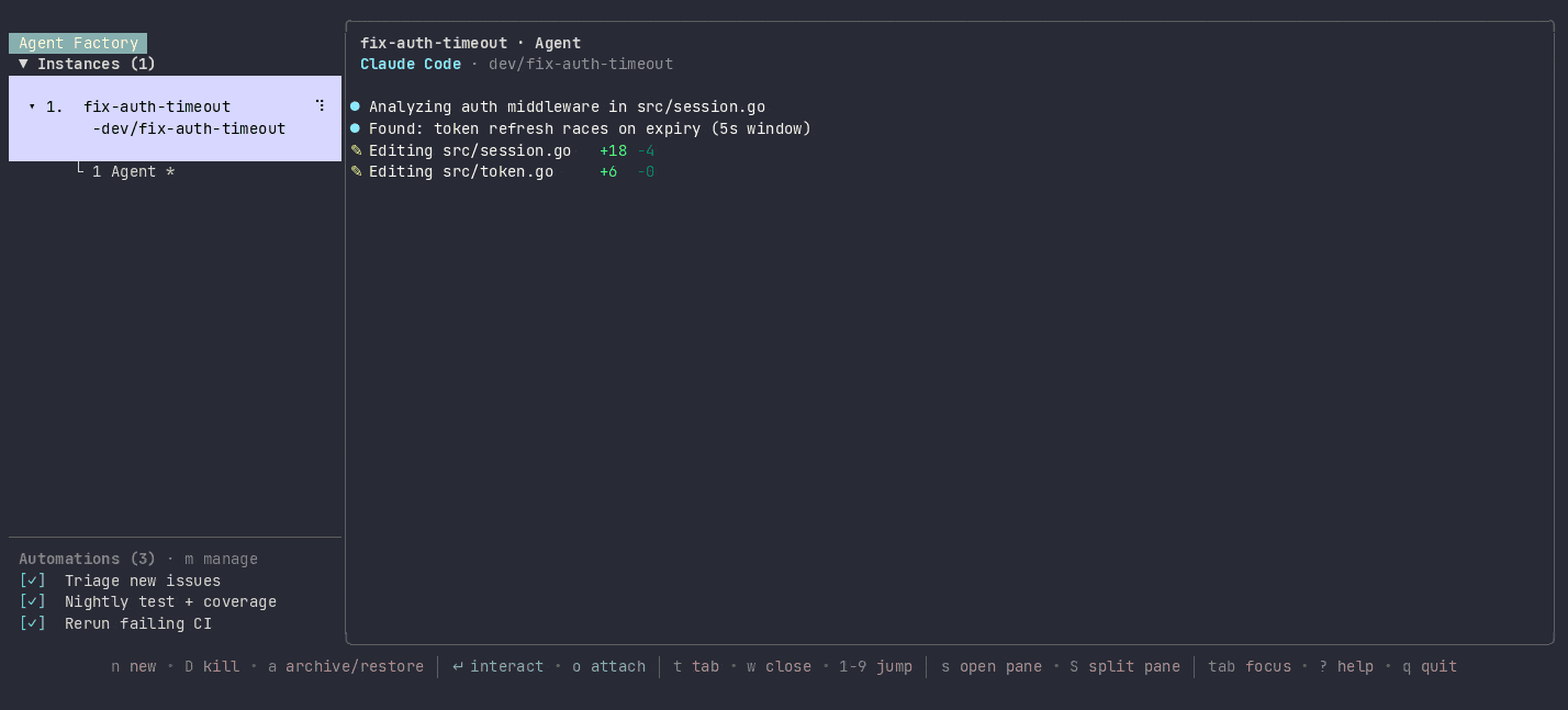 Agent Factory managing several coding agents from one terminal