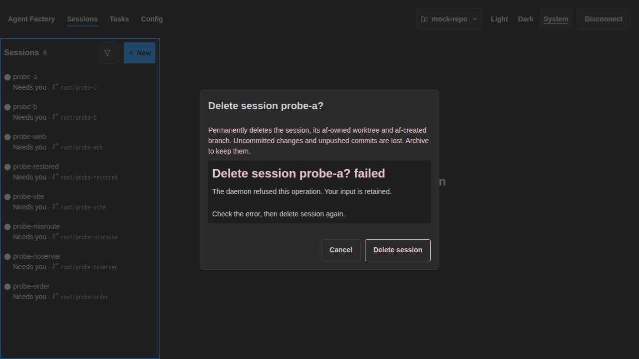 Dark Delete session failed
