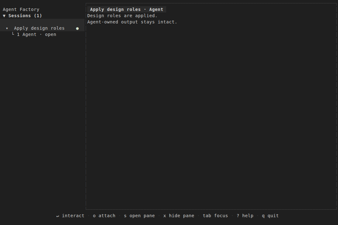 The TUI showing a selected session and its Agent pane