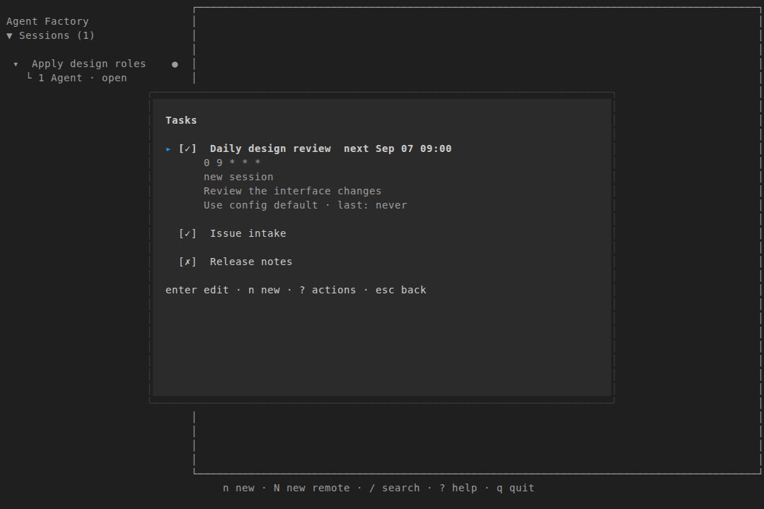 The TUI tasks view listing scheduled and watch automations