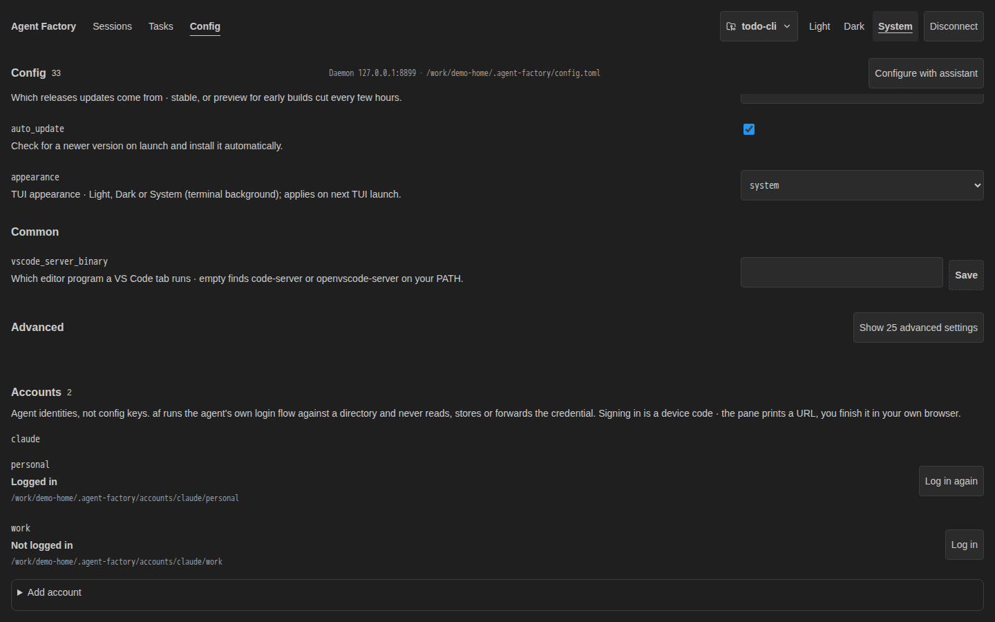 Current web config-accounts screen in dark theme
