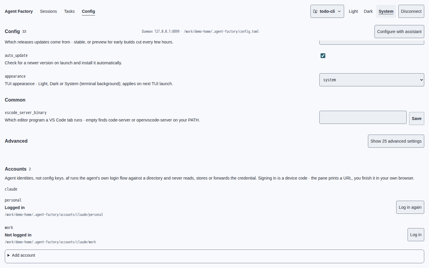 Current web config-accounts screen in light theme
