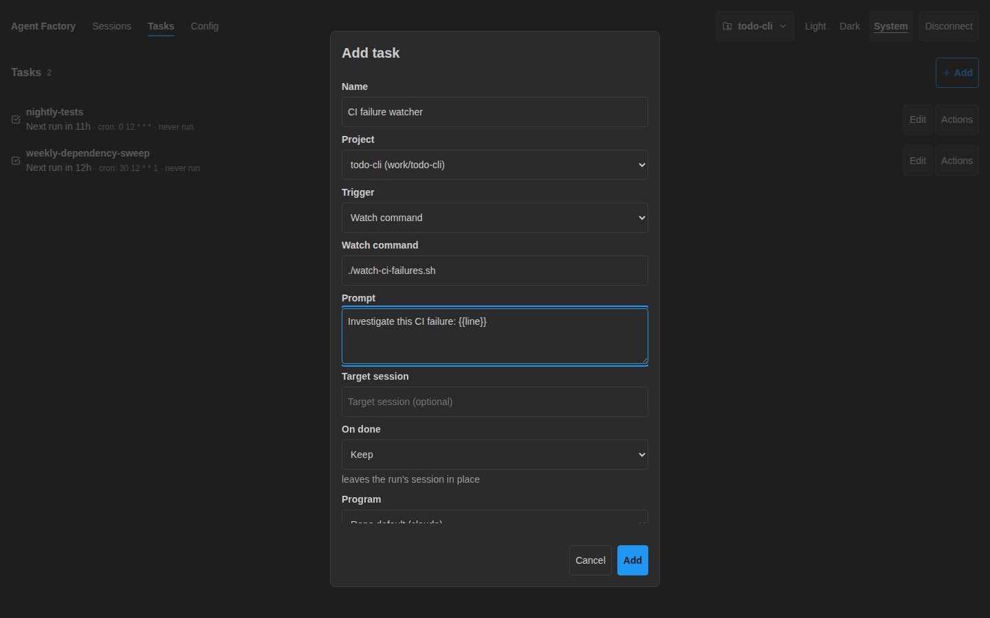 Web task form configured to turn CI failure events into prompts, dark theme