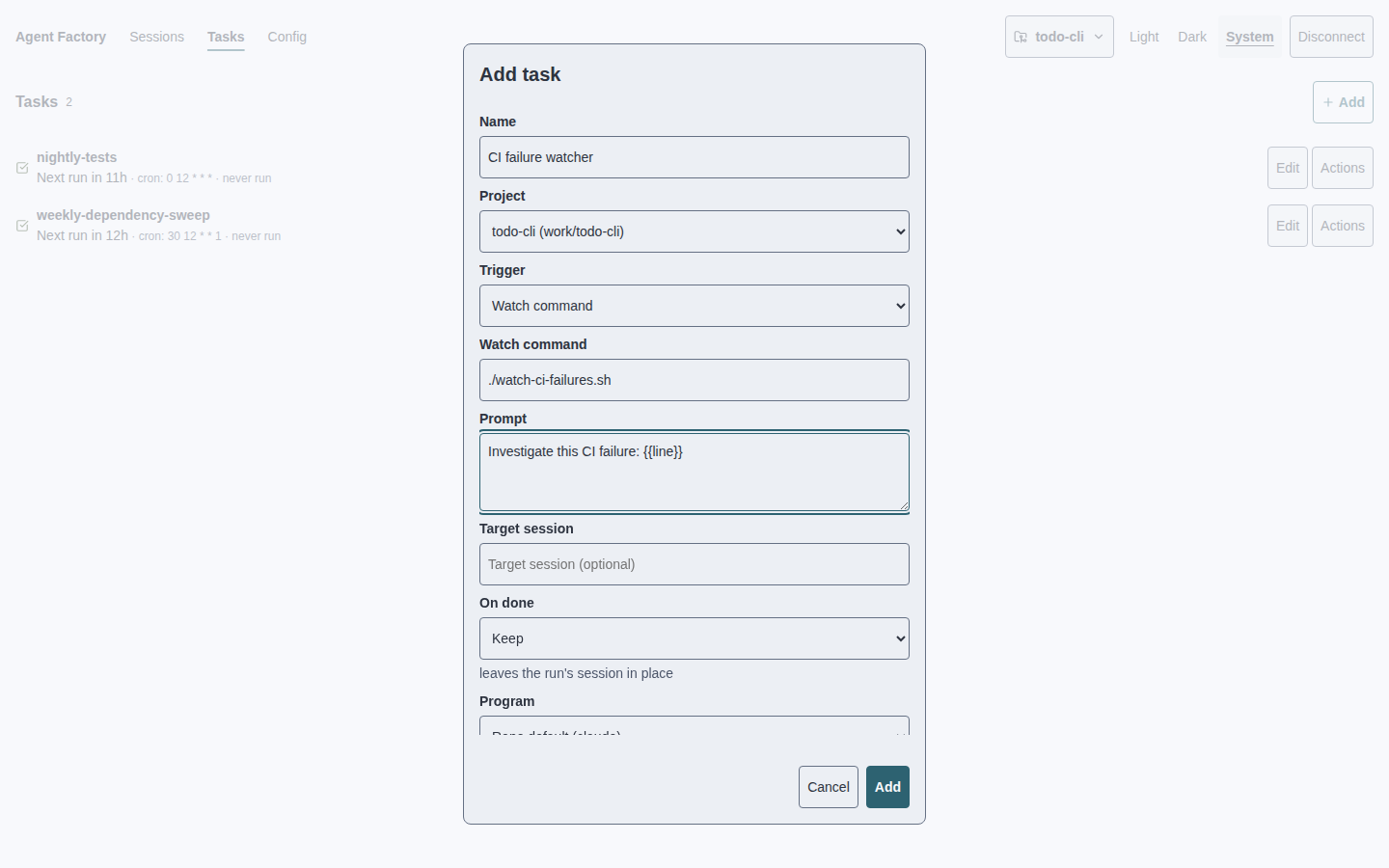 Web task form configured to turn CI failure events into prompts