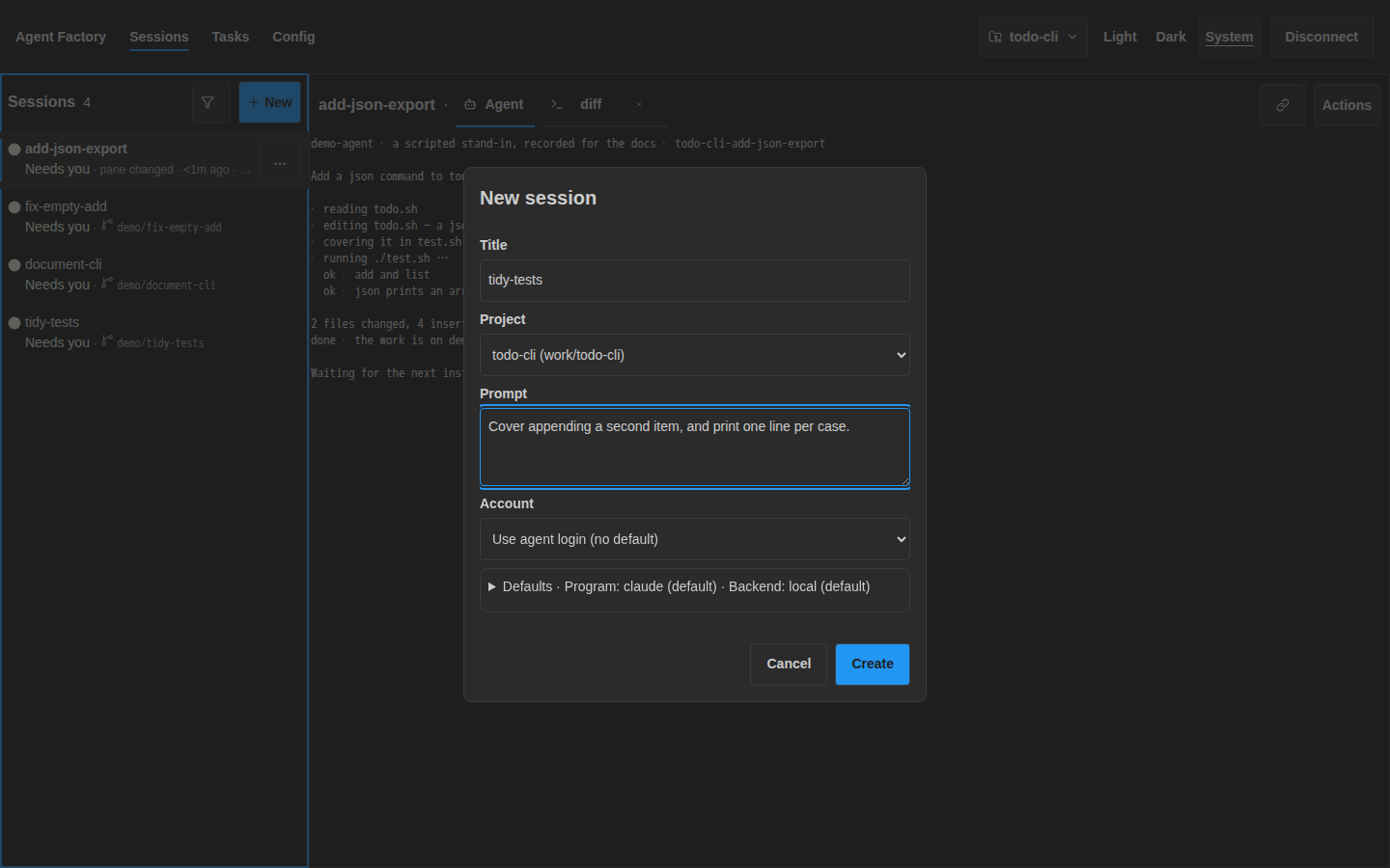 Current web new-session screen in dark theme
