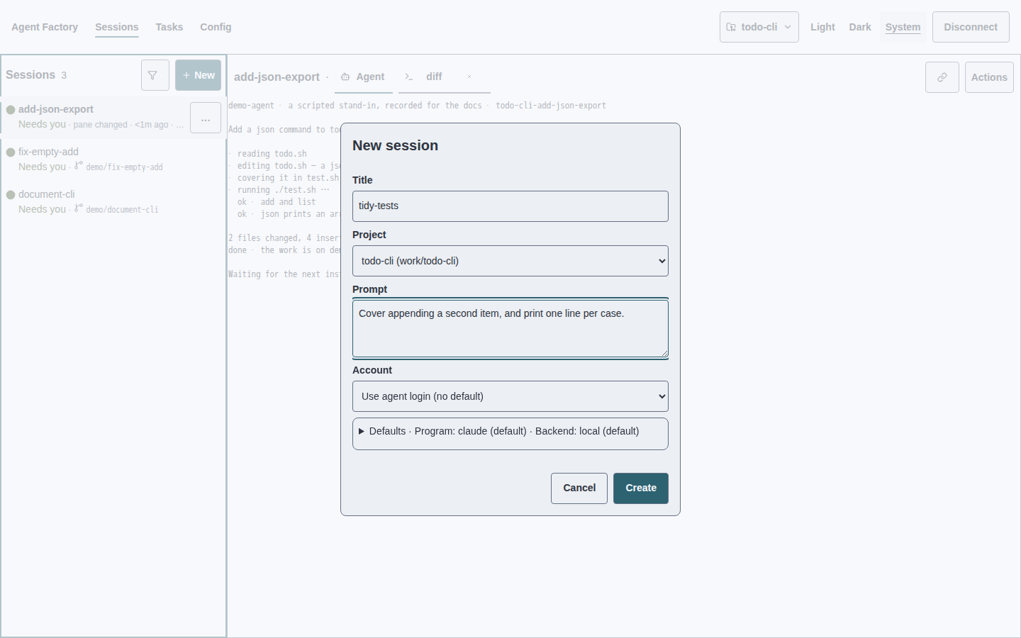 Current web new-session screen in light theme