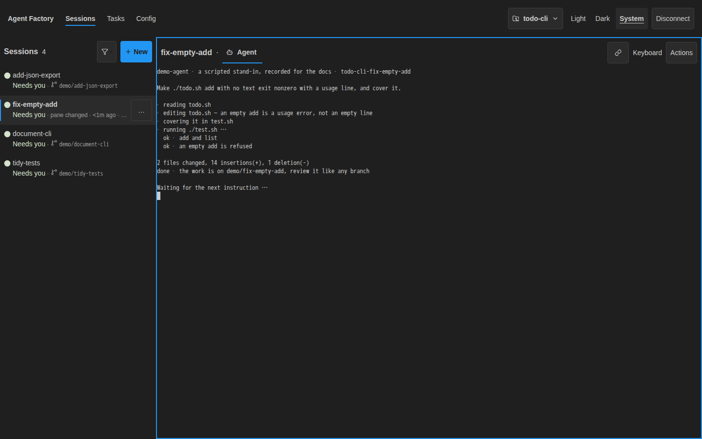 Web client showing separate sessions for export, validation, and documentation work, dark theme