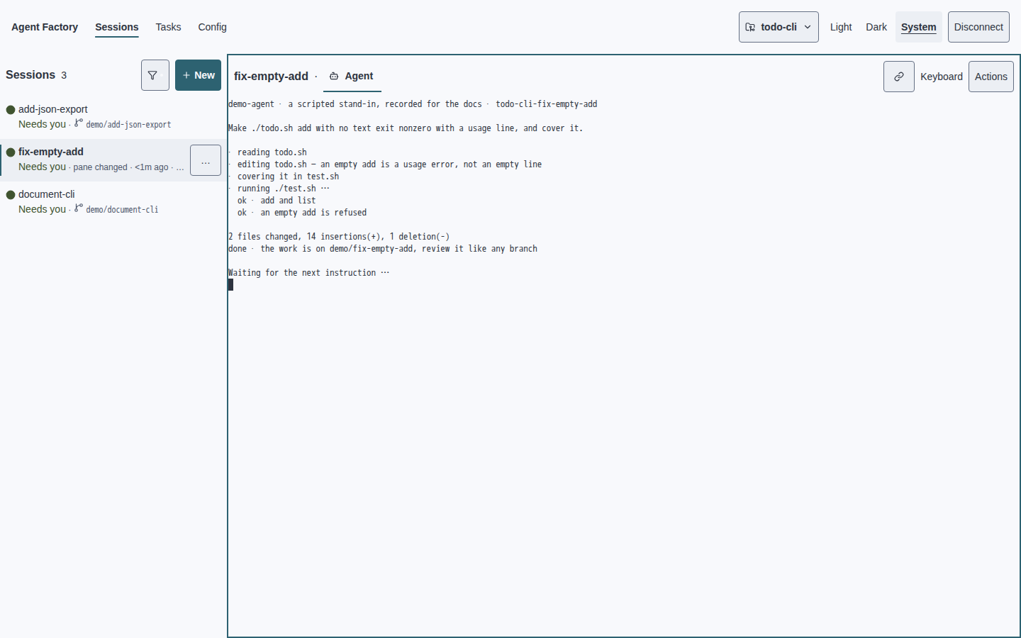 Web client showing separate sessions for export, validation, and documentation work