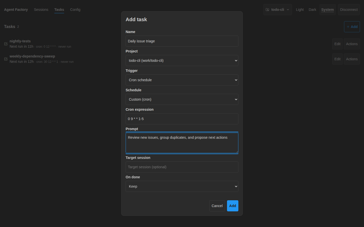 Web task form configured for weekday issue triage, dark theme