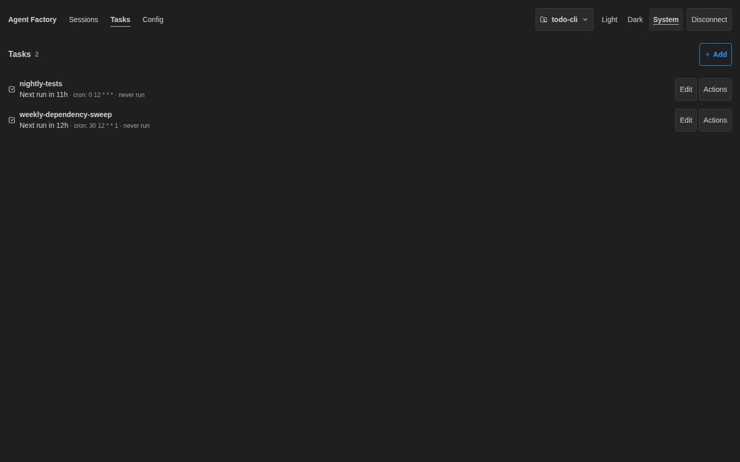 Current web tasks screen in dark theme